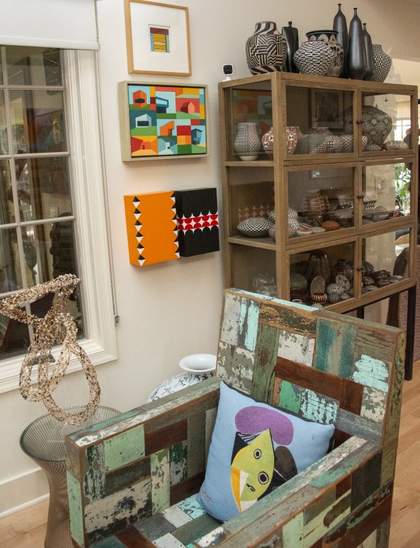 Tracey and Patrick Gallagher’s home is a tapestry of cultures and eras; Native American pottery from Acoma Pueblo shares space with contemporary art and eclectic folk art.